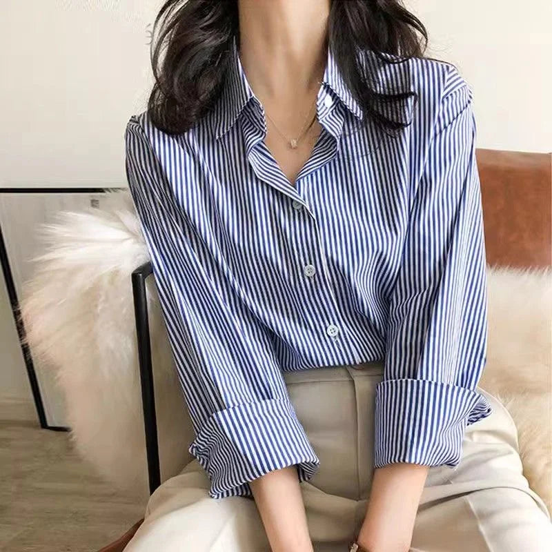 Classic Striped Long Lantern Sleeve Blouse Shirt