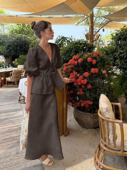 100% Cotton Bubble Sleeve Shirt  Long Skirt Set