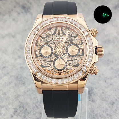Movement Quartz Chronograph Sapphire Glass Gemstone Dial Luxury Waterproof Wristwatch