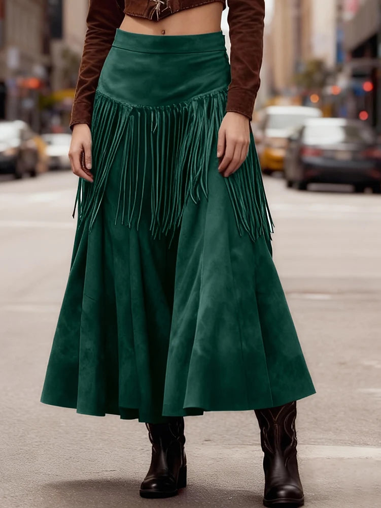 Ethnic Elegant Solid Tassel Slim Fit Midi Skirt