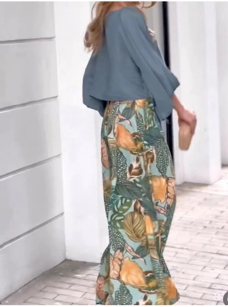 Autumn Solid Long Sleeve T-shirts & Digital Print Wide Leg Pants Set