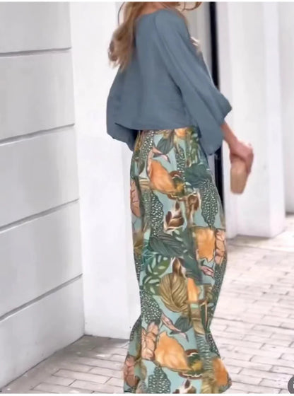 Autumn Solid Long Sleeve T-shirts & Digital Print Wide Leg Pants Set