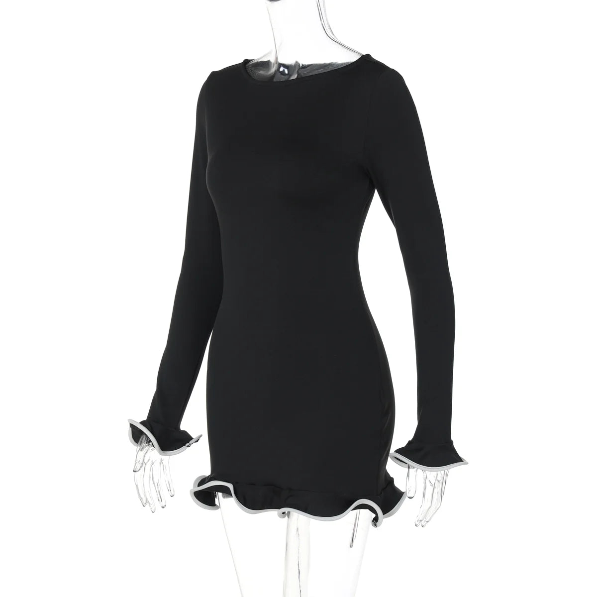 O-Neck Long Sleeves Ruffles Mini Dress