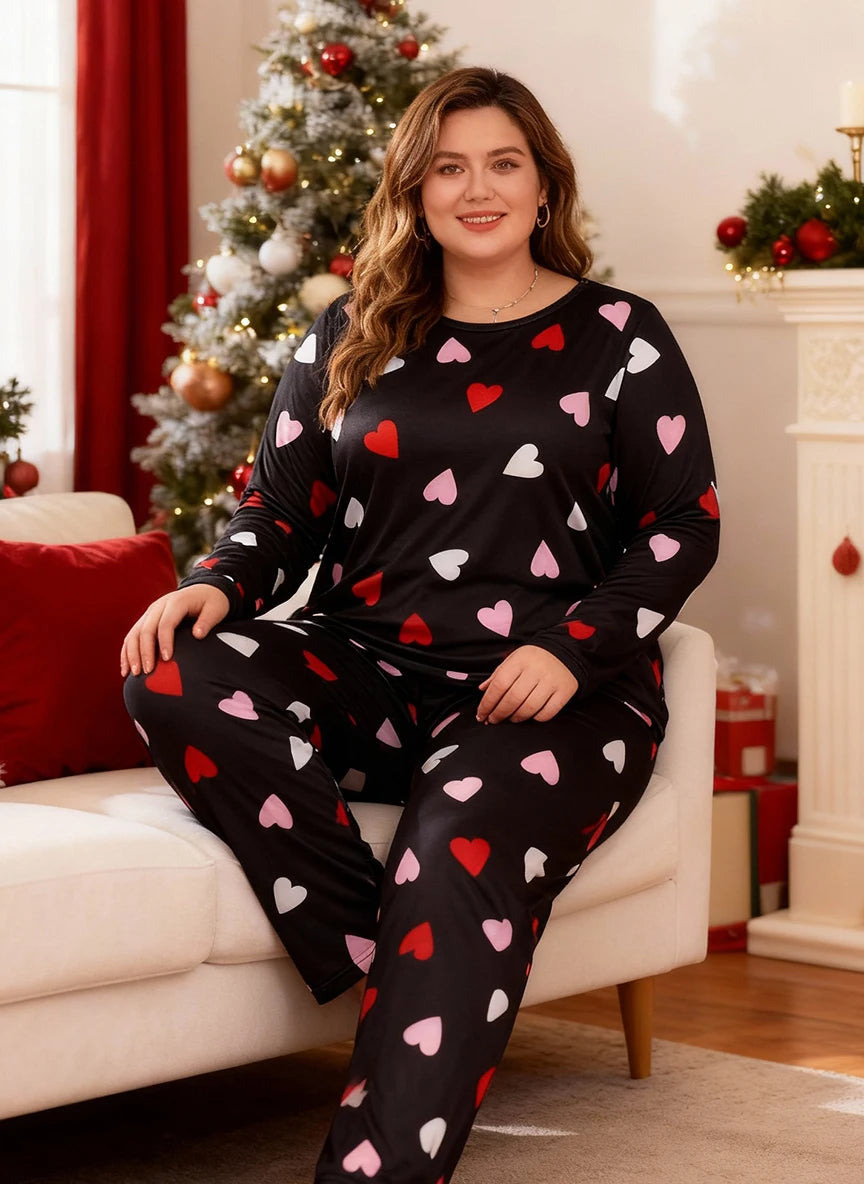 Valentine's Day long-sleeved top with heart print pajamas set