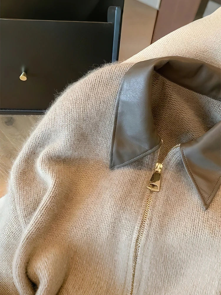 Zipper Cropped Cardigan 400g Thick Autumn Knitted Sweater Coat