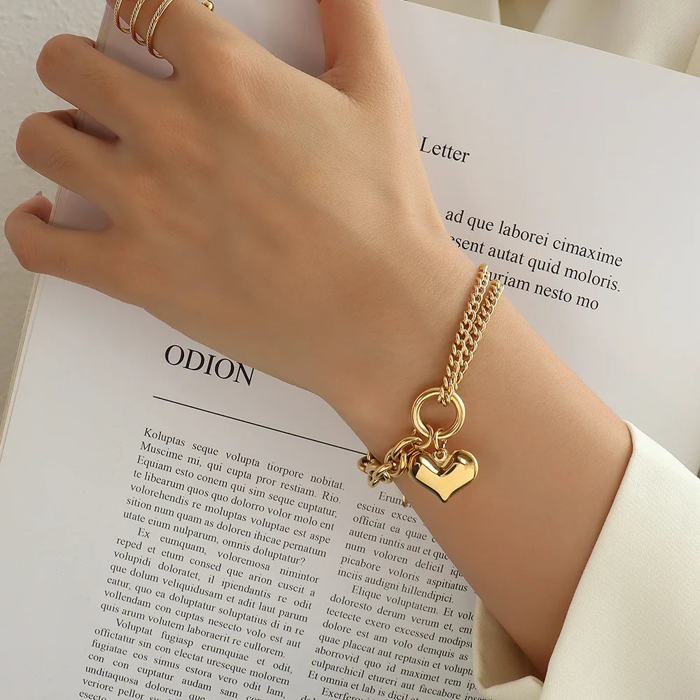 Statement Heart Pendant Stainless Steel Gold Metal Texture Bracelet