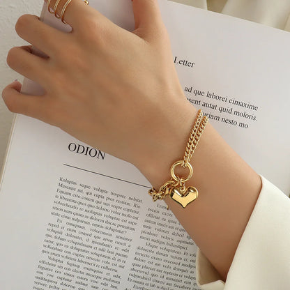 Statement Heart Pendant Stainless Steel Gold Metal Texture Bracelet