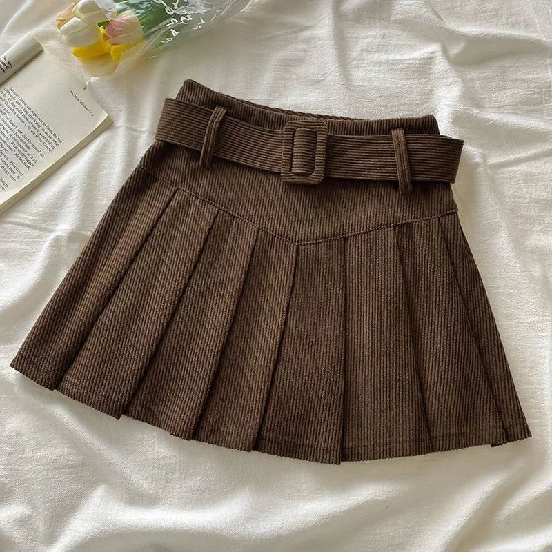 Cord Belted Pleated Texture Corduroy Box Pleat Mini Skirt