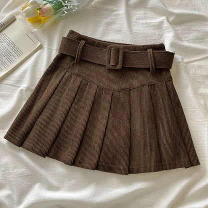 Cord Belted Pleated Texture Corduroy Box Pleat Mini Skirt