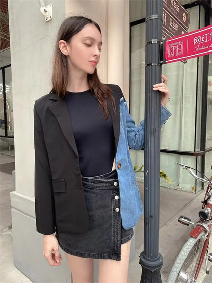 Blazer Patchwork Jackets  Winter Irregular Long Sleeve Loose Korean Coat