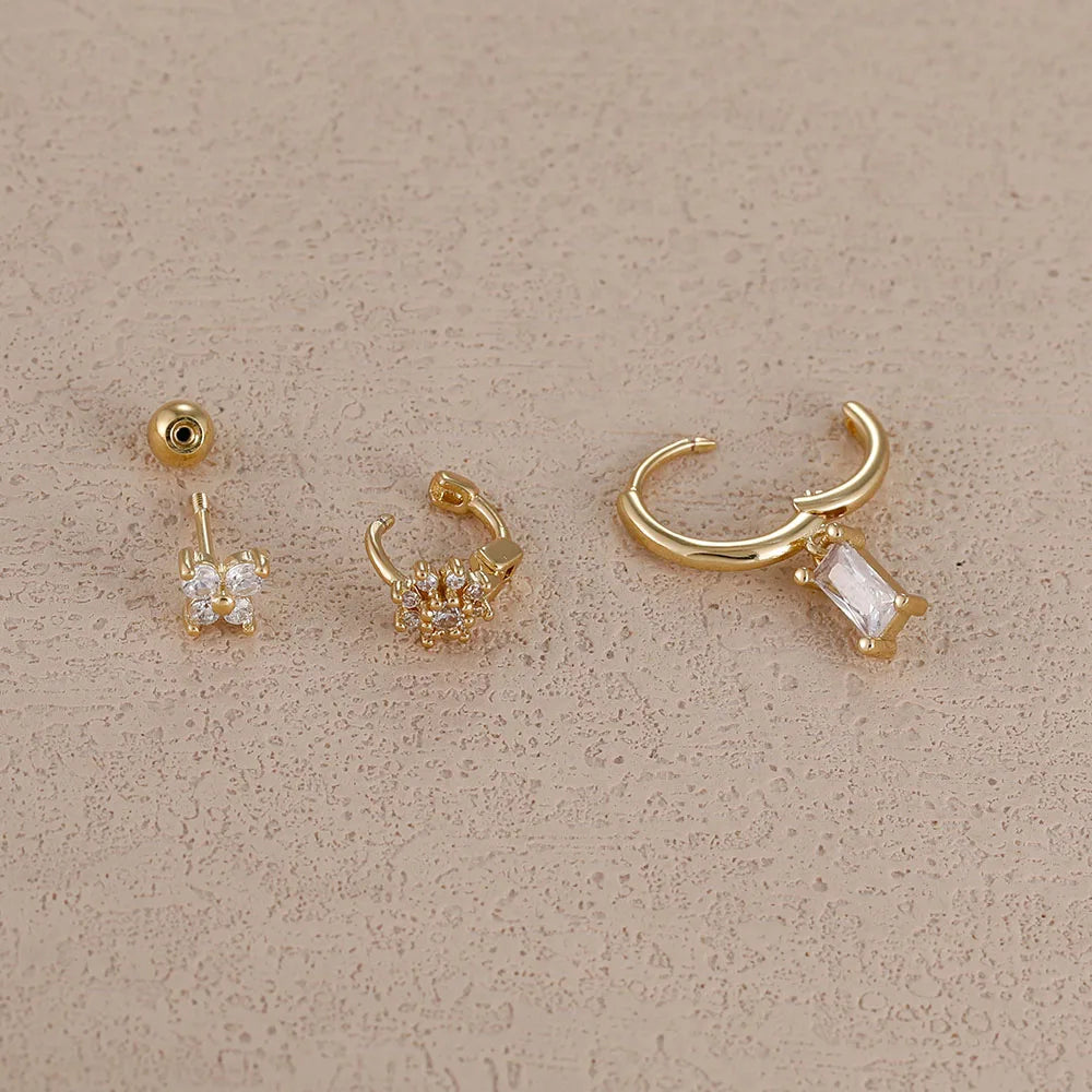 14K Gold Plated Zircon Square Hoop Stainless Steel Butterfly Stud Earring Set