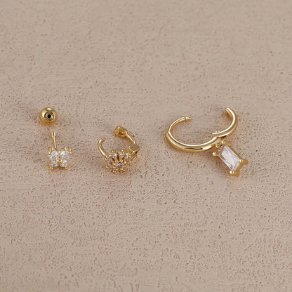 14K Gold Plated Zircon Square Hoop Stainless Steel Butterfly Stud Earring Set