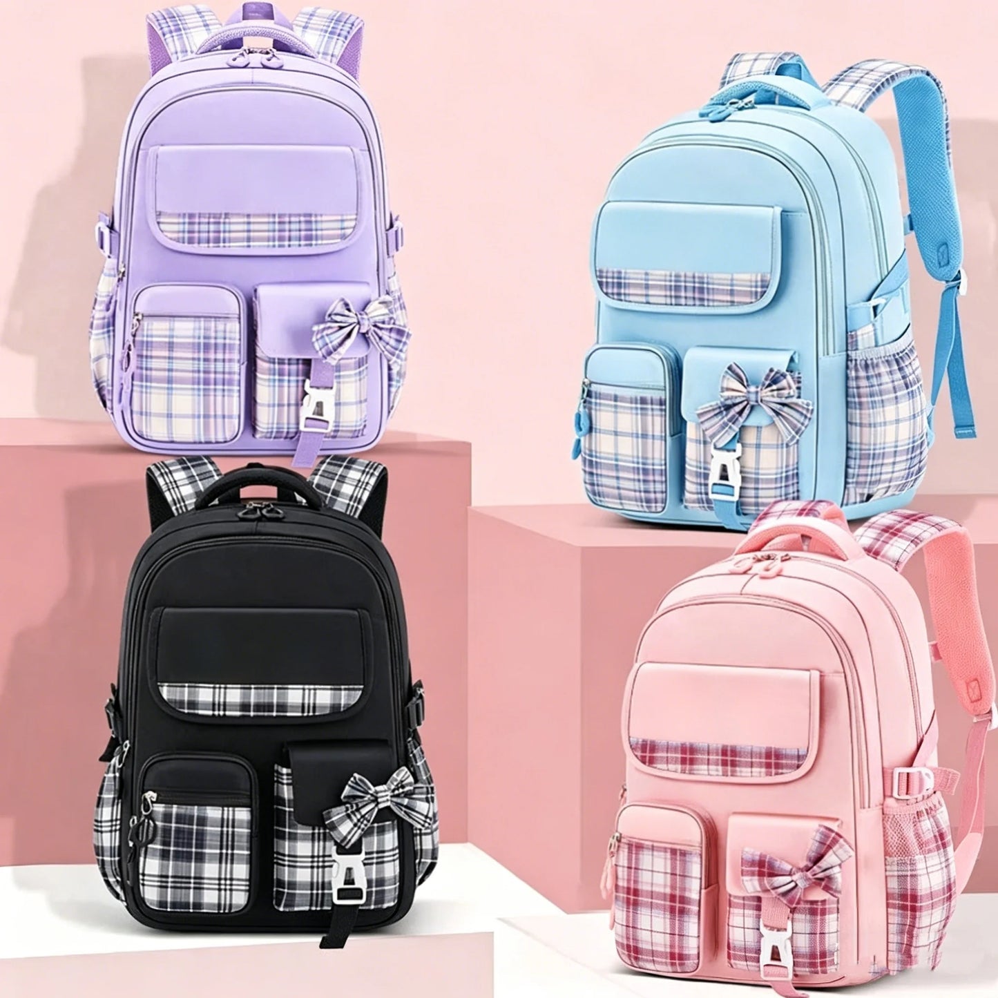 School Students Girls Checkered Backpack Large Capacity Bags