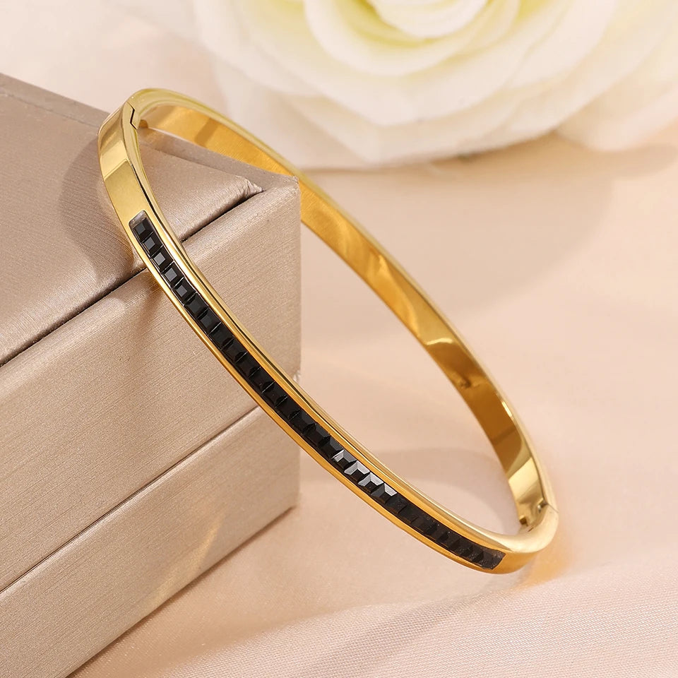 5/1pcs Golden Stainless Steel With Sparkling Black Zircon Bracelets