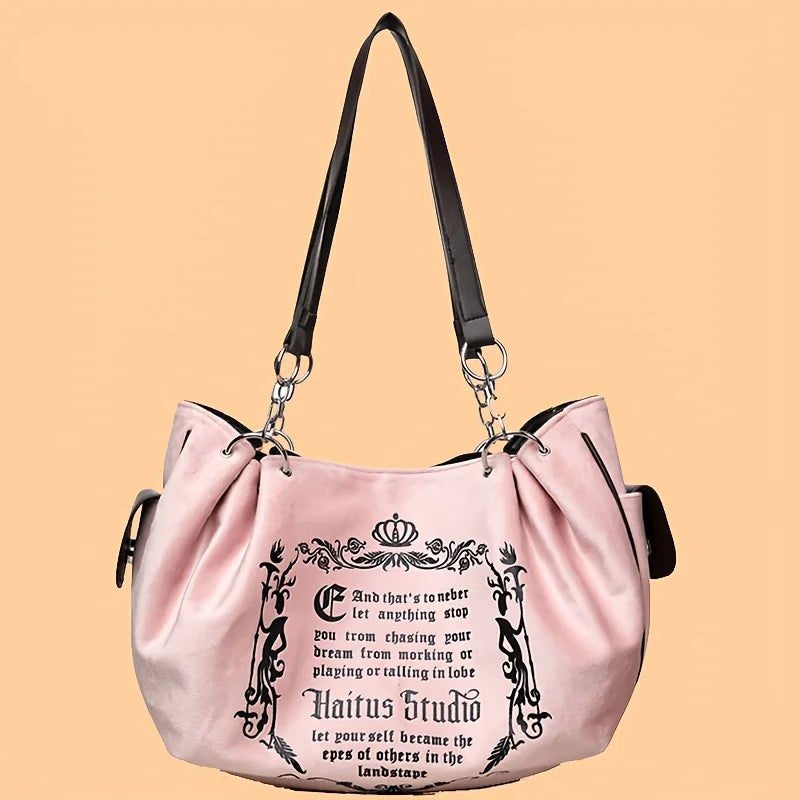 Letter Print Faux Suede Handbag