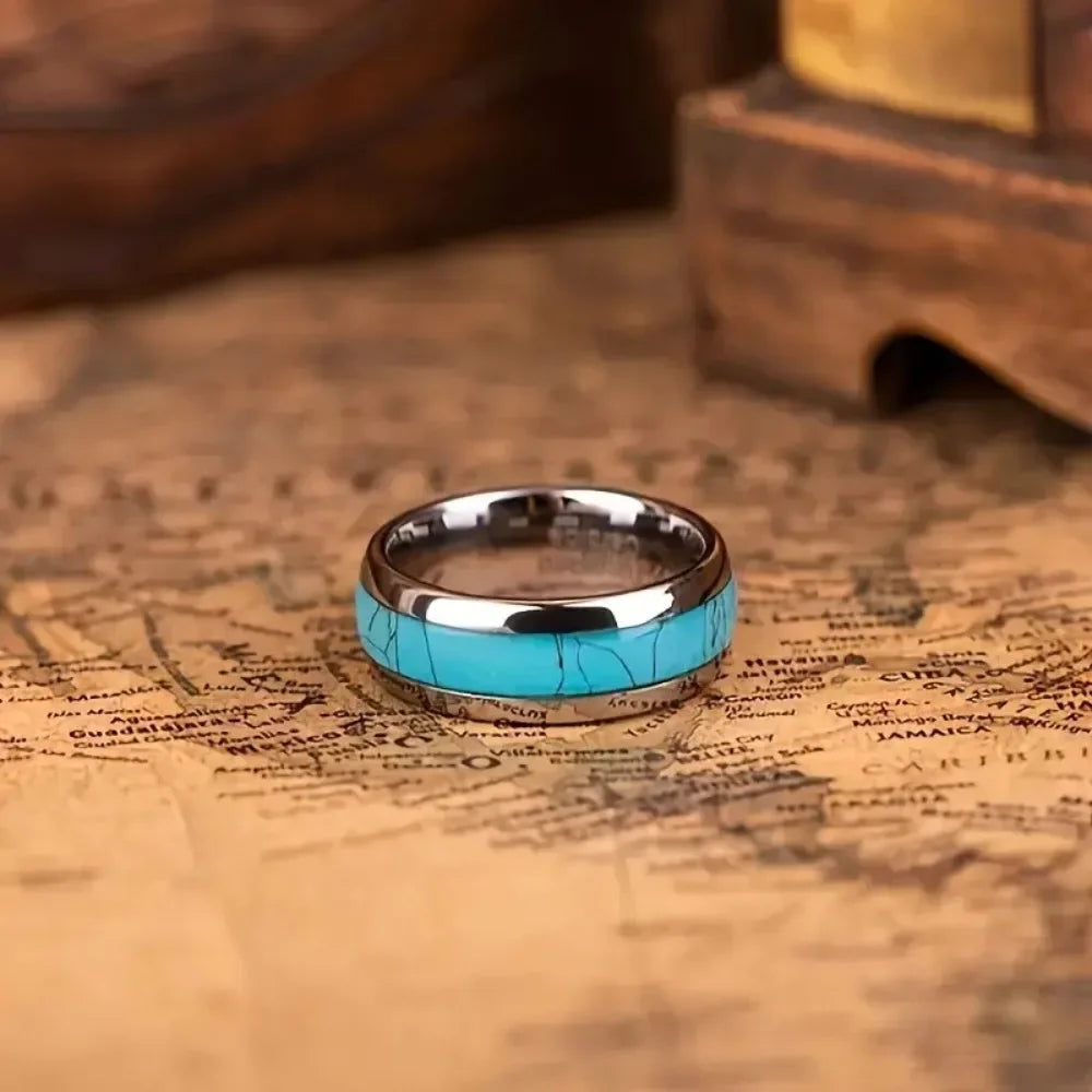 Inlay Blue Turquoise 8MM Stainless Steel Rings