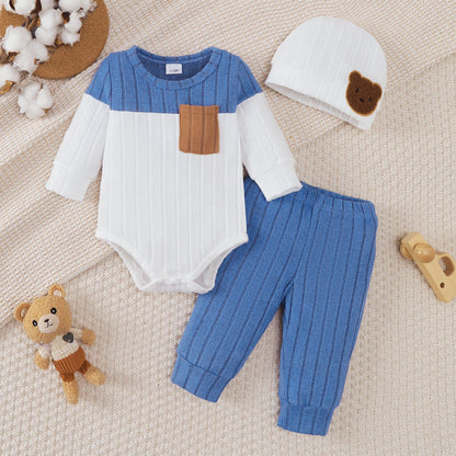 0-18 Month Newborn  Round neck Blocked Bodysuit+Pants+Hat  3Pcs/set