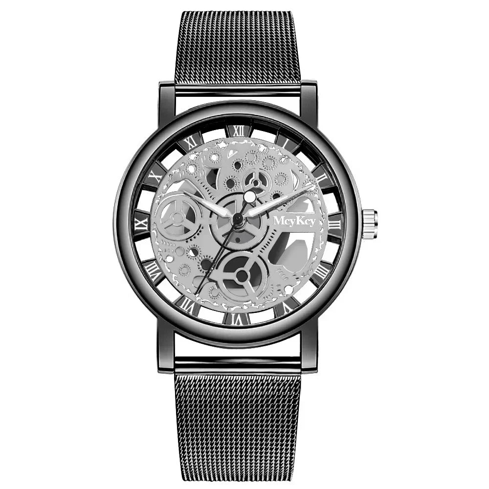 Skeleton dial silver mesh band watch with Roman numerals and exposed gears