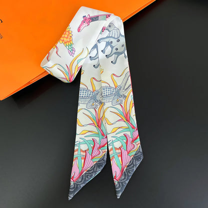 Zebra In Flowers Scarf Luxury Silk Scarf Hair Headband Foulard Skinny Scarves