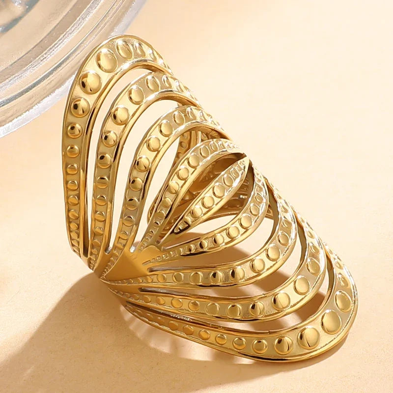 Geometric Curved Hollow Multi Layer Wide Stainless Steel Gold Rings