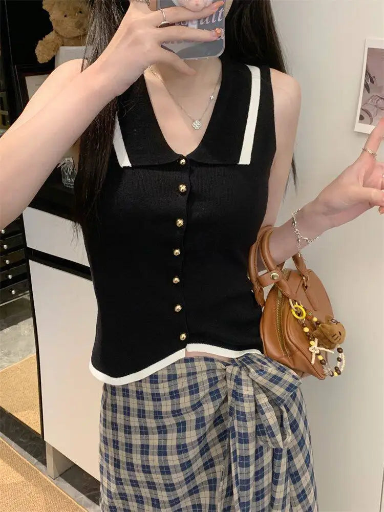Polo Collar Knit Vest with Gold Button Sleeveless Cardigan Vest