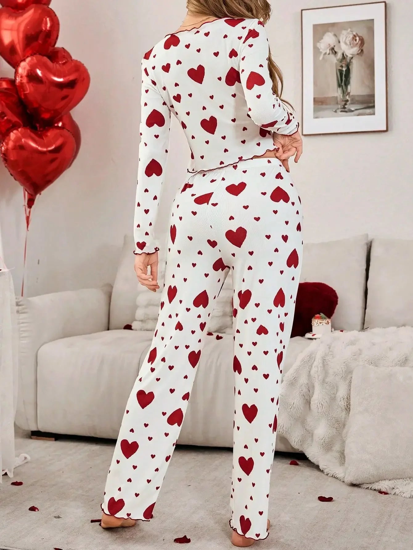 Heart Print Long Sleeve Pyjamas Set