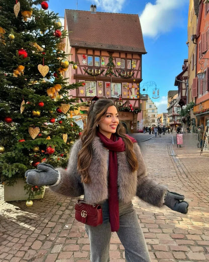 Faux fur Fall/Winter Effect Round Neck Long Sleeve Short Jacket
