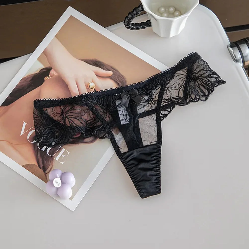 Sexy thongs Thin Low Waist Flower Lace Trim Transparent G-String