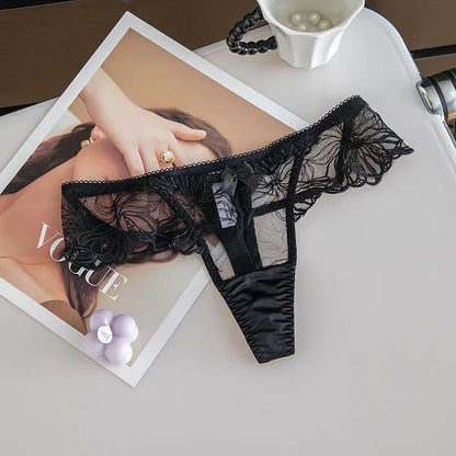Sexy thongs Thin Low Waist Flower Lace Trim Transparent G-String