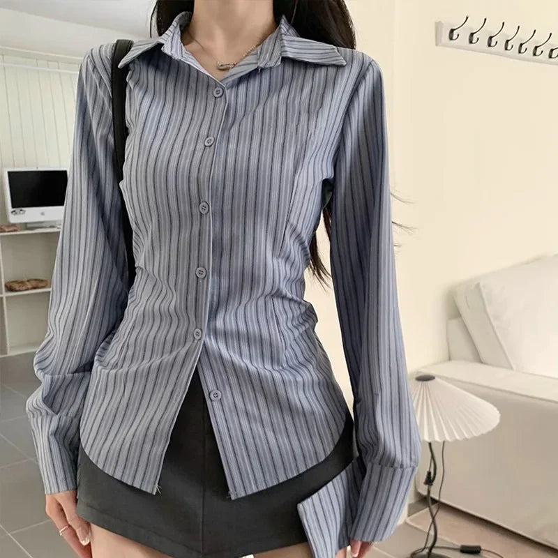 Striped Long Sleeve Jacket Slimming Shirt