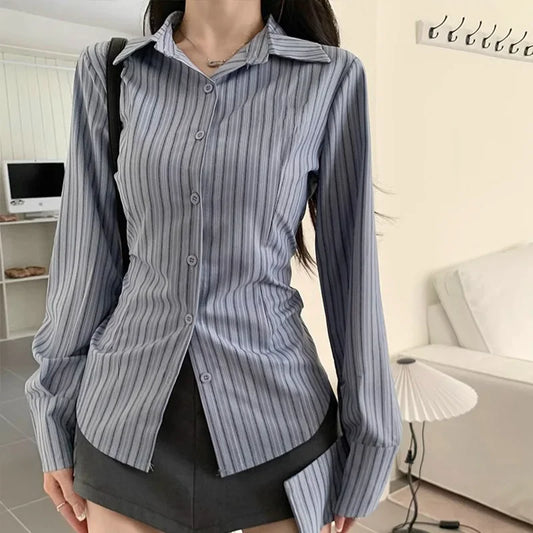 Striped Long Sleeve Jacket Slimming Shirt