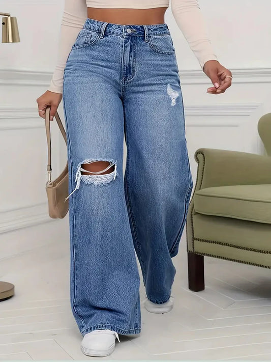 Wide Leg Vintage Distressed Ripped Floor Length Jeans Pants