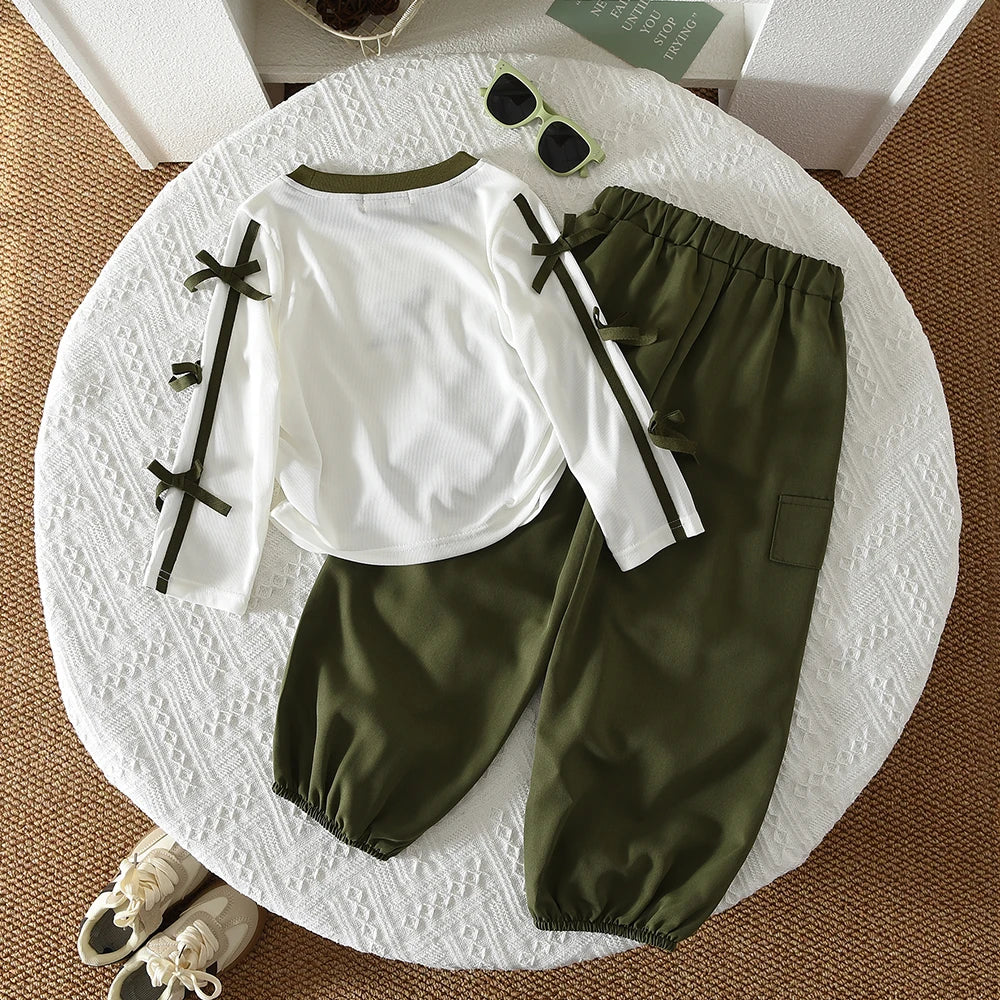 Autumn Red Bow Decoration Letter Embroidery Long Sleeved Pants Set