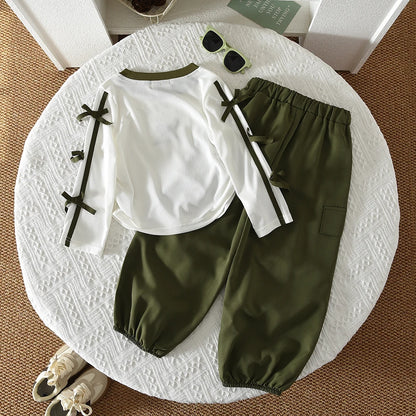 Autumn Red Bow Decoration Letter Embroidery Long Sleeved Pants Set