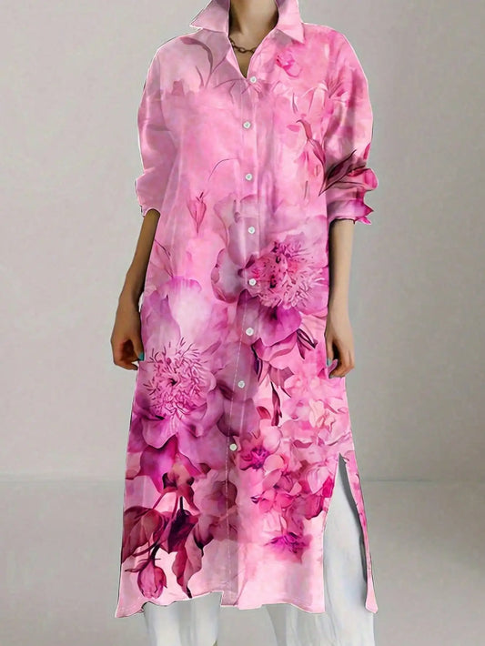 Plus Size Vintage Chic Floral Print Long Sleeve Shirt Dress