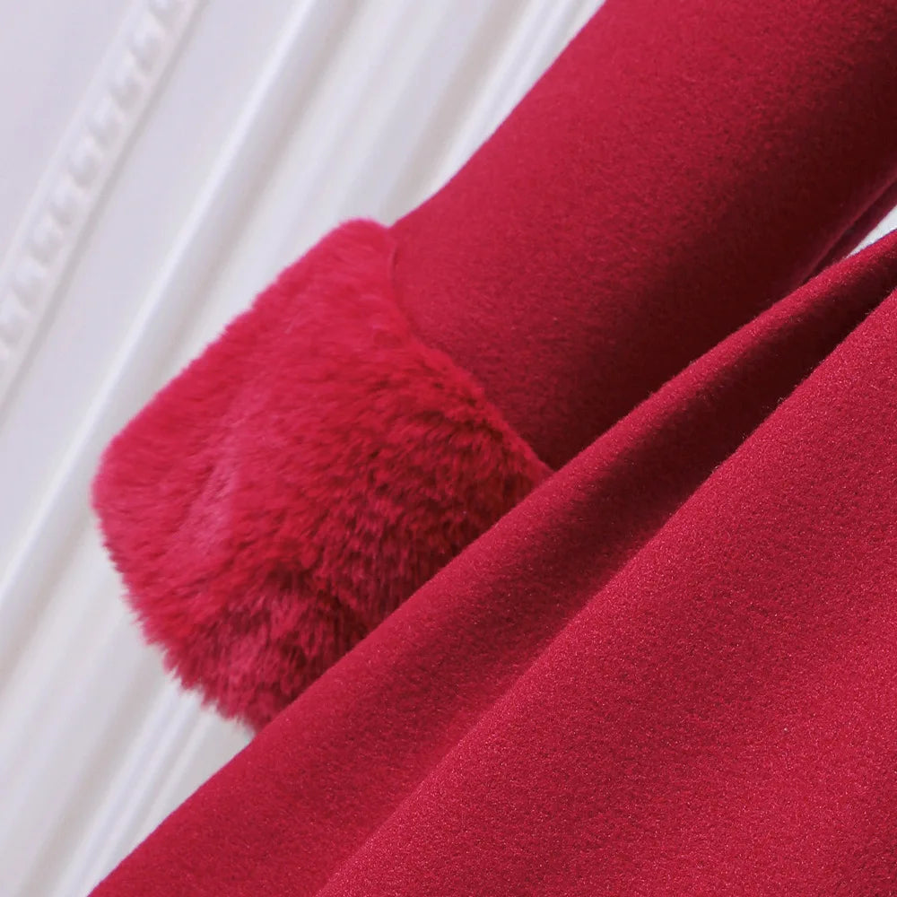 Red Fleece Coat Beret Winter Long Sleeves Warm Princess Outfit Dress