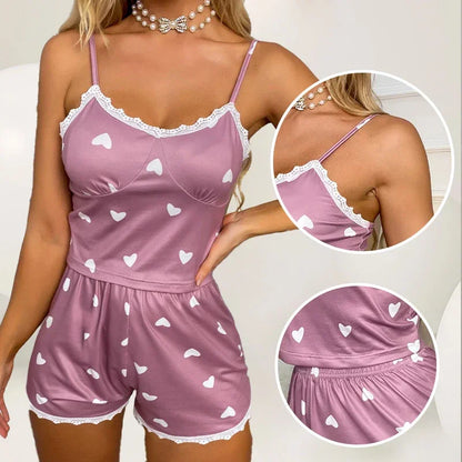 V-Neck Suspender Lace Lace Printed Pajama Set