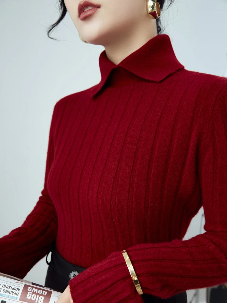 Polo Collar Knitted Sweater Long Sleeve Slim Fit Pullovers