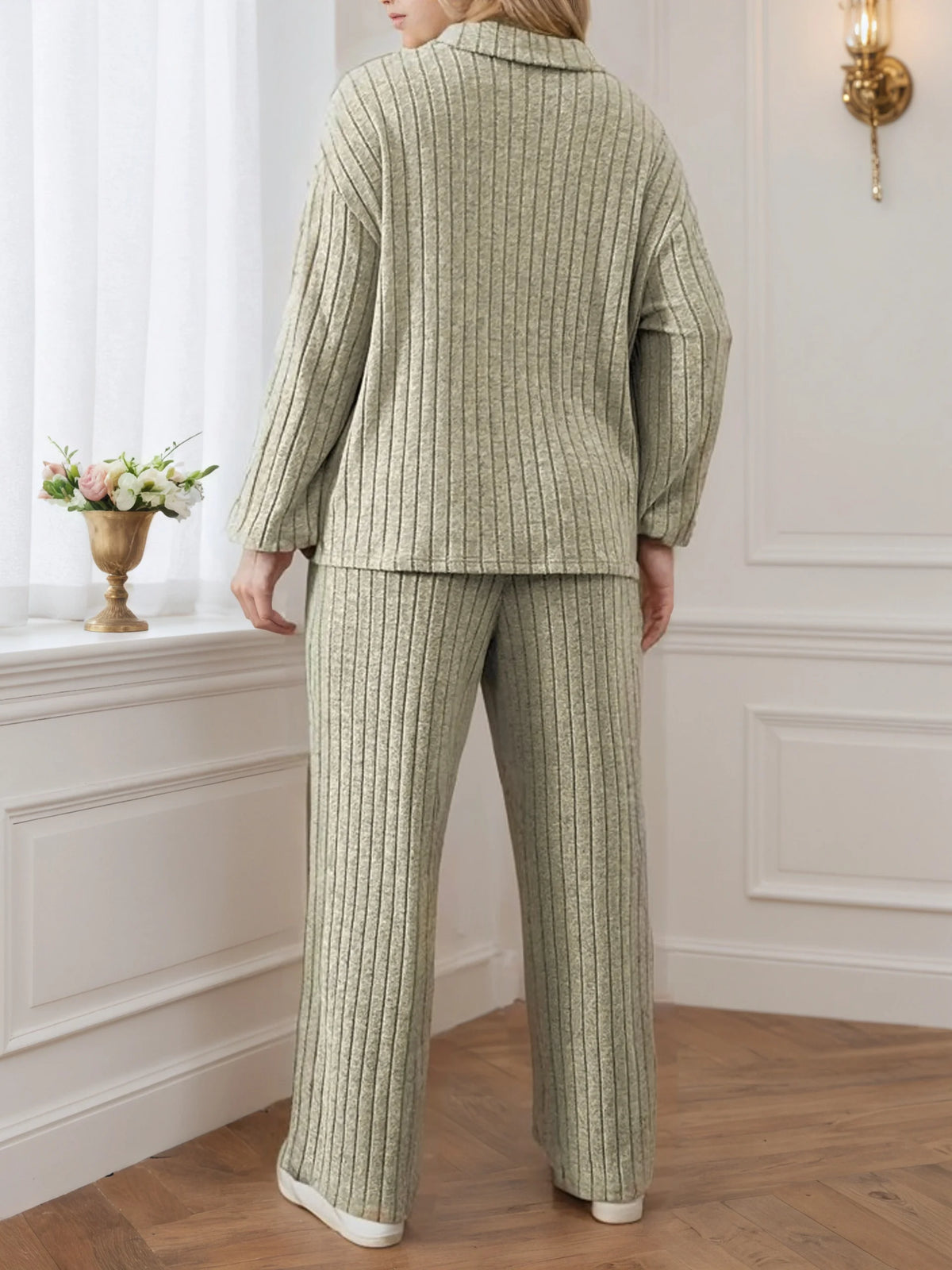 Elegant Casual Zipper Collar Long-Sleeve Top & Wide-Leg Pants Set