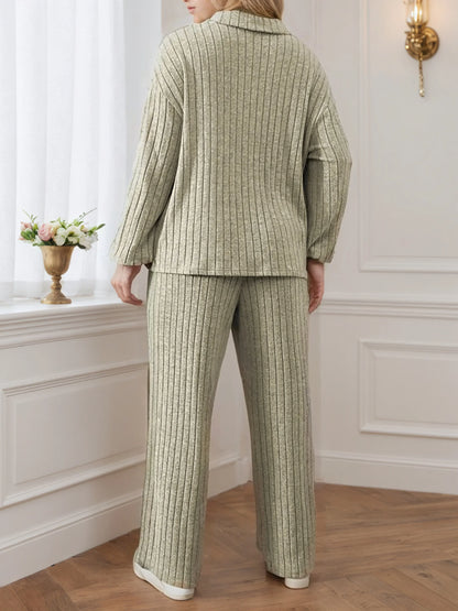 Elegant Casual Zipper Collar Long-Sleeve Top & Wide-Leg Pants Set