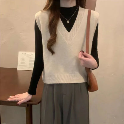 V-neck Knitted Vest Vintage Sleeveless Sweater Waistcoat Korean Chic