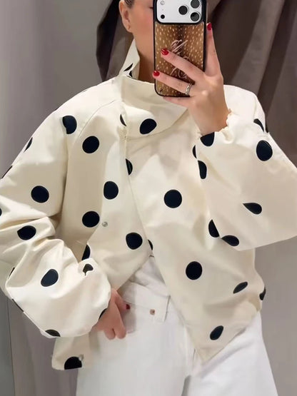 Retro Polka Dot Printed Bomber Stand Collar Oversized Casual Jacket