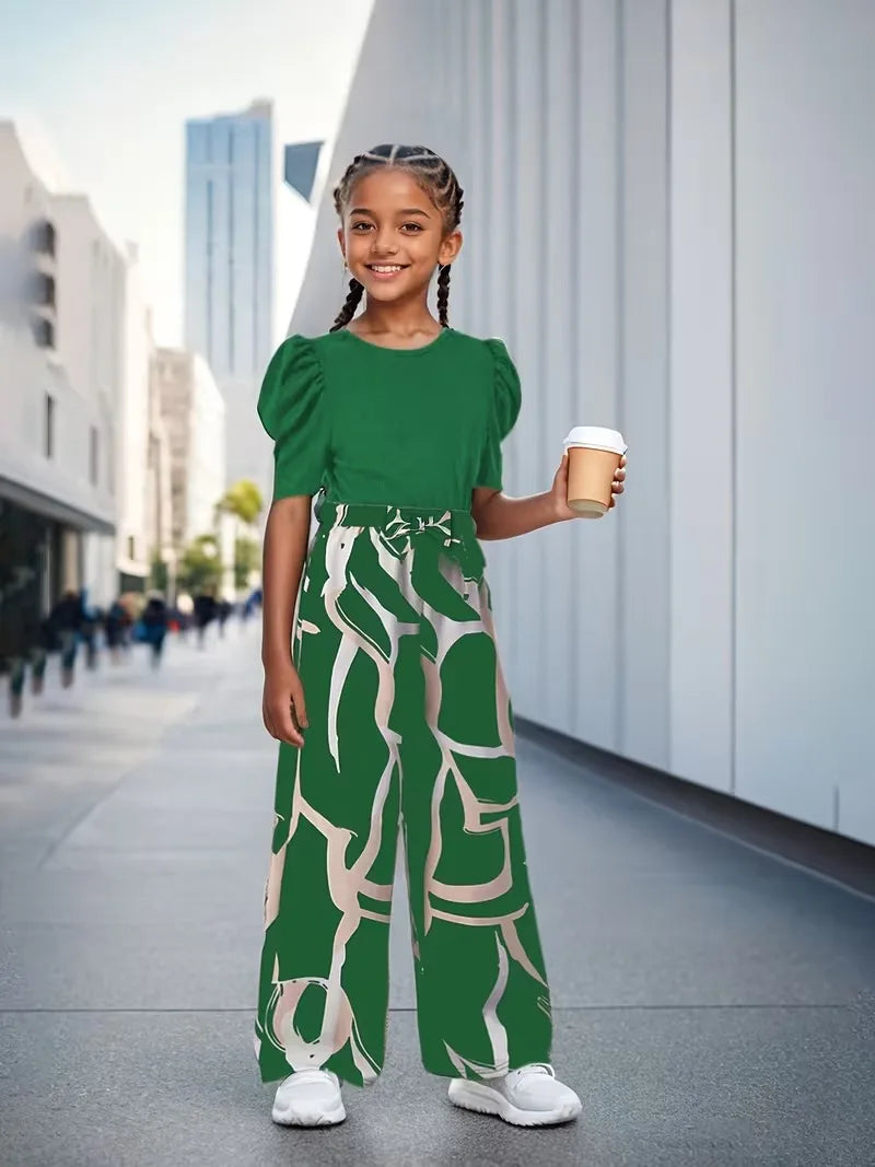 Green Puff Sleeve Ribbed Abstract Print Wide Leg Pants Set