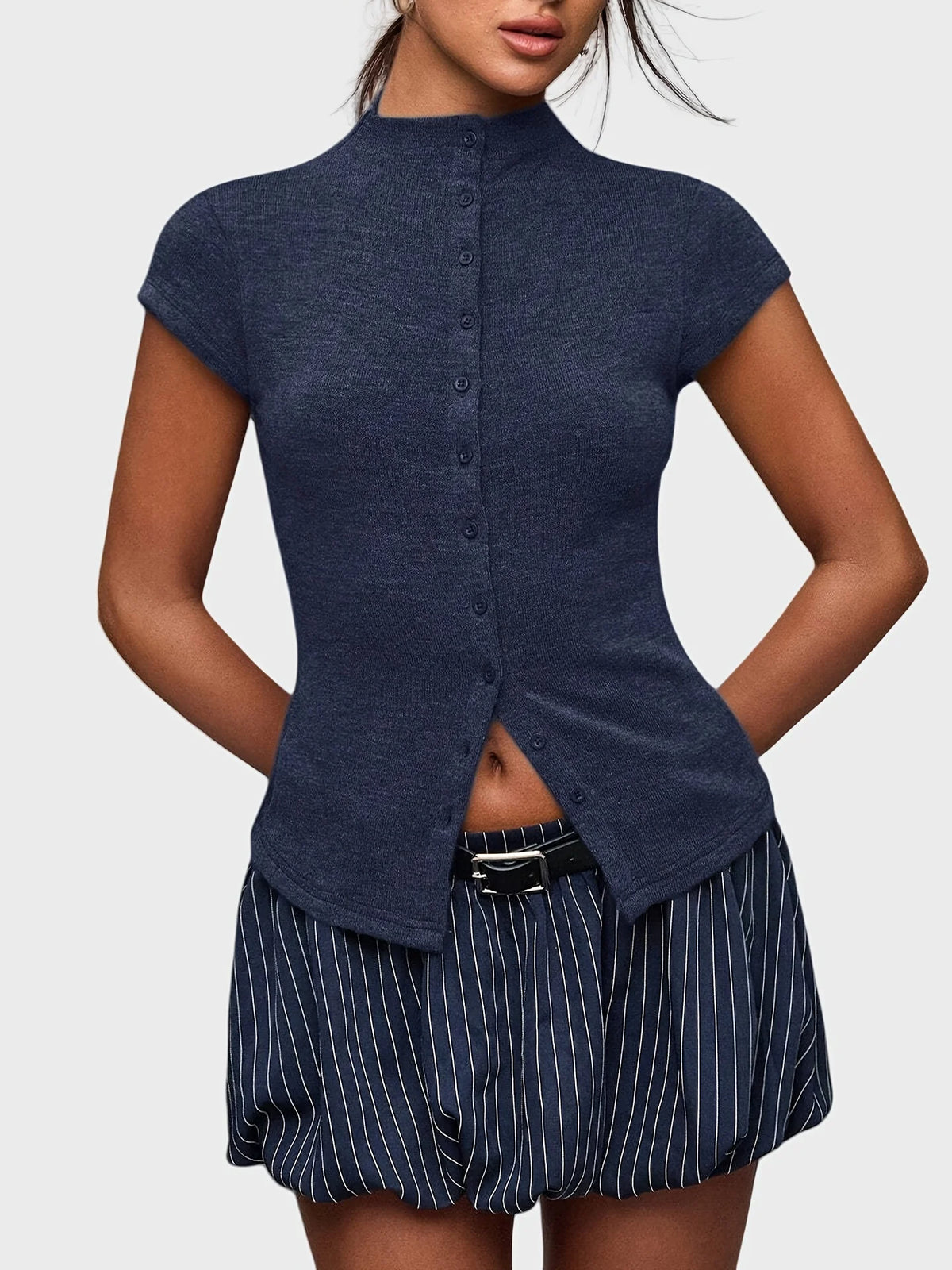 Knitted Turtleneck Top Slim Four-Season Short-Sleeved Cardigan
