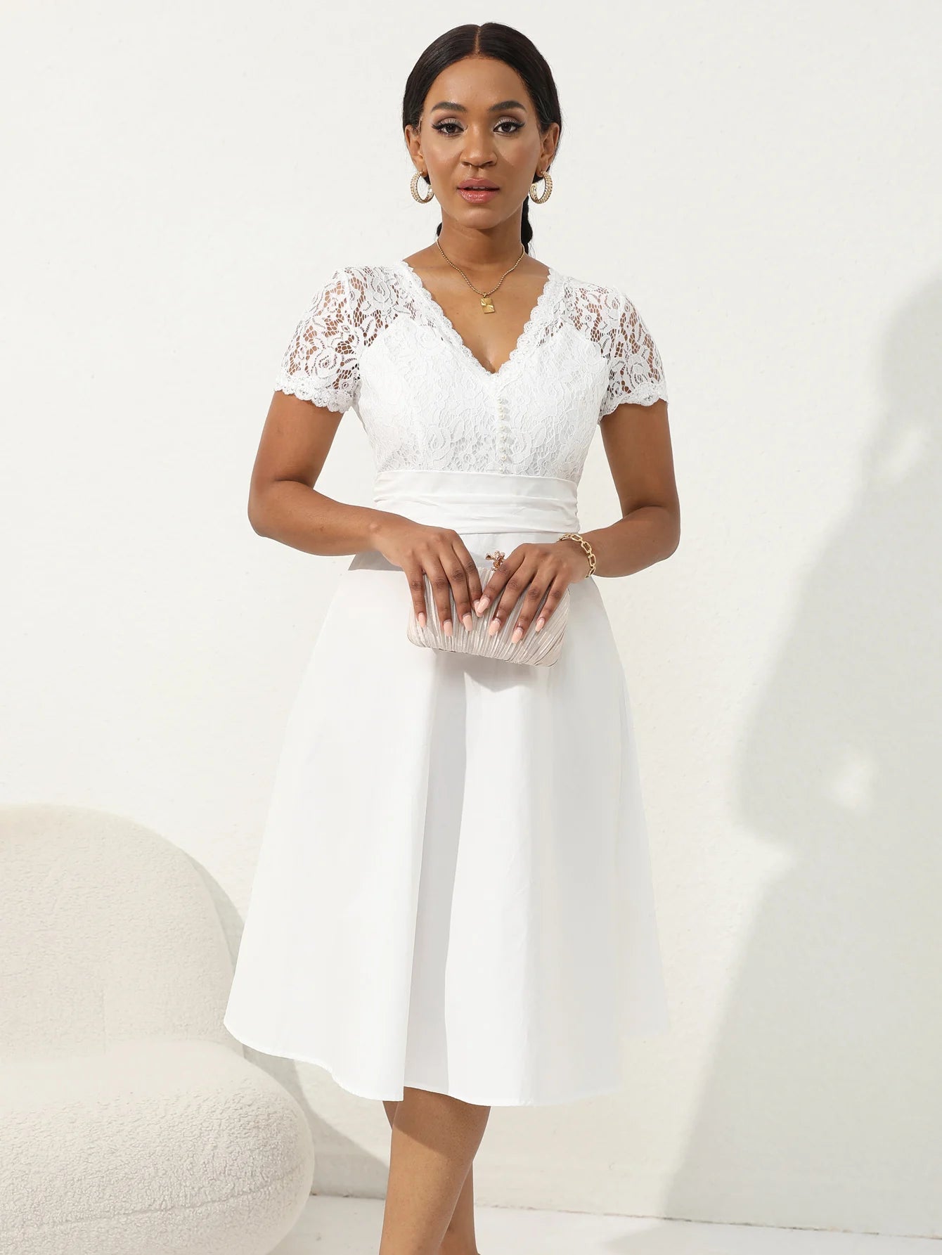 Vintage Floral Lace V Neck Short Sleeve Cocktail Midi Dress
