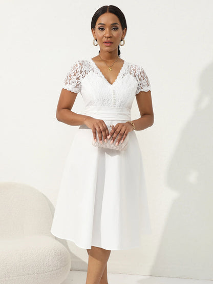 Vintage Floral Lace V Neck Short Sleeve Cocktail Midi Dress