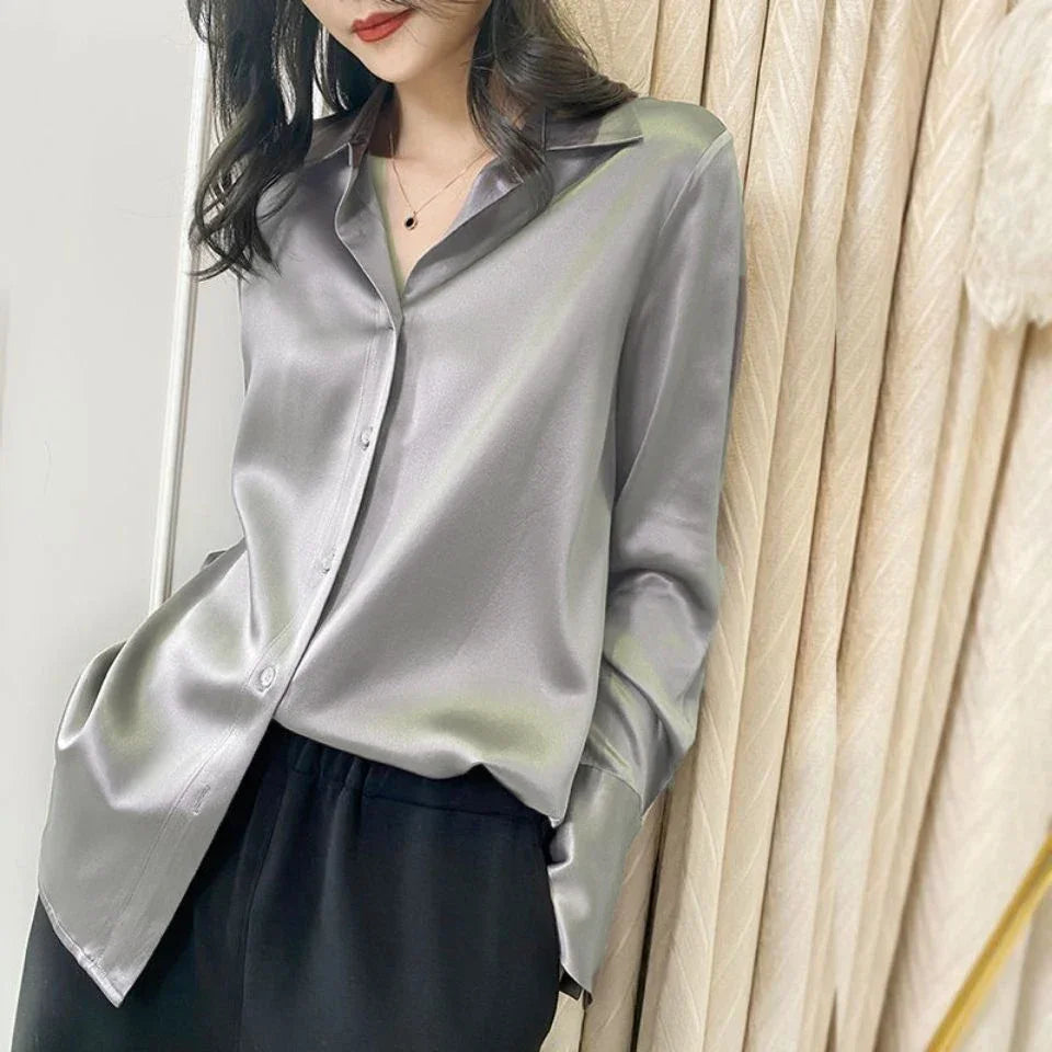 Casual Elegant Satin Long Sleeved Shirt