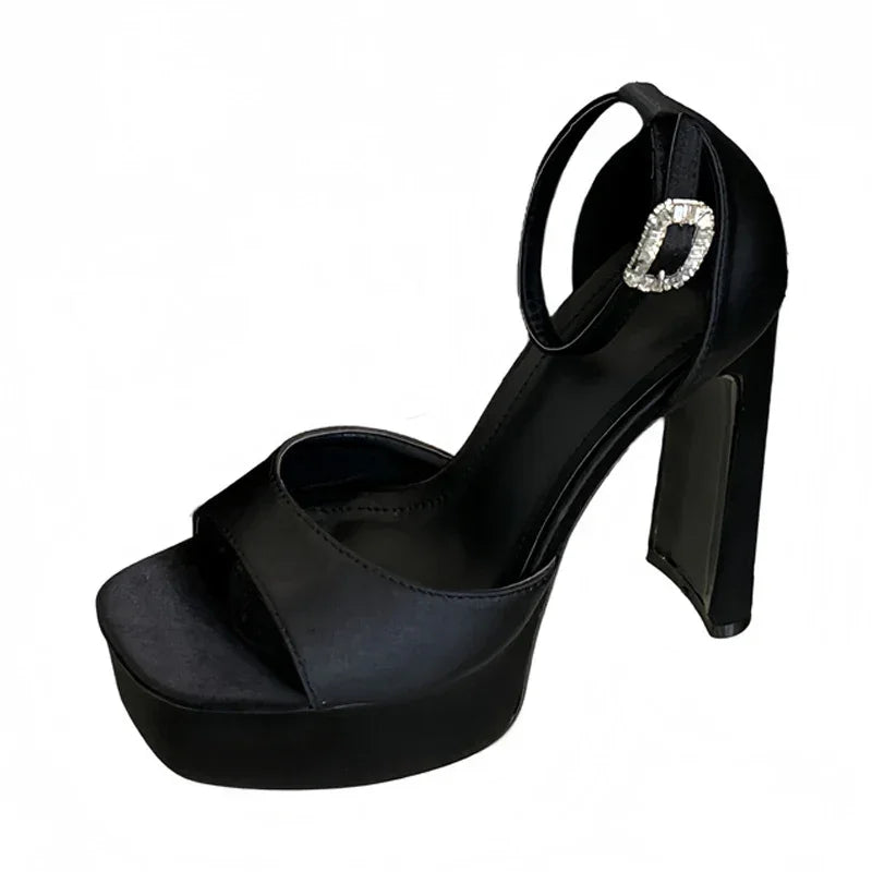 Black High Heels Silk Square Toe Shoes