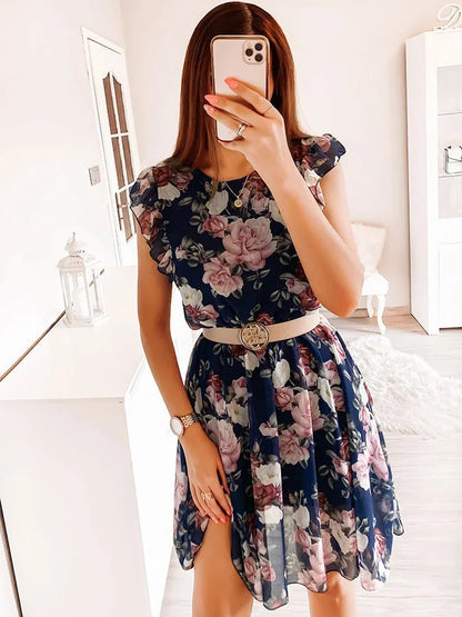 Floral Printed Long Elastic Waist Sleeveless Chiffon Dress