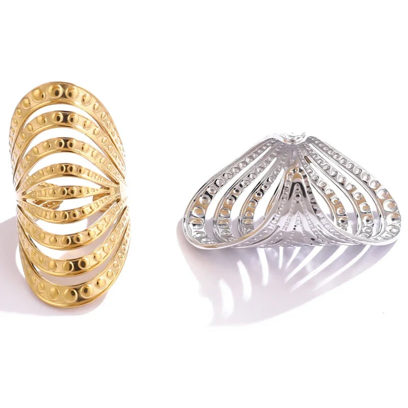 Geometric Curved Hollow Multi Layer Wide Stainless Steel Gold Rings